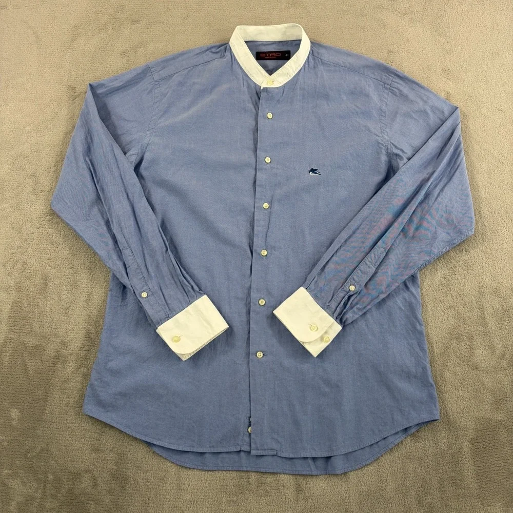 ETRO Chest Logo Mandarin Blade Collar Dress Shirt 41 Blue Contrast Cuffs Italy